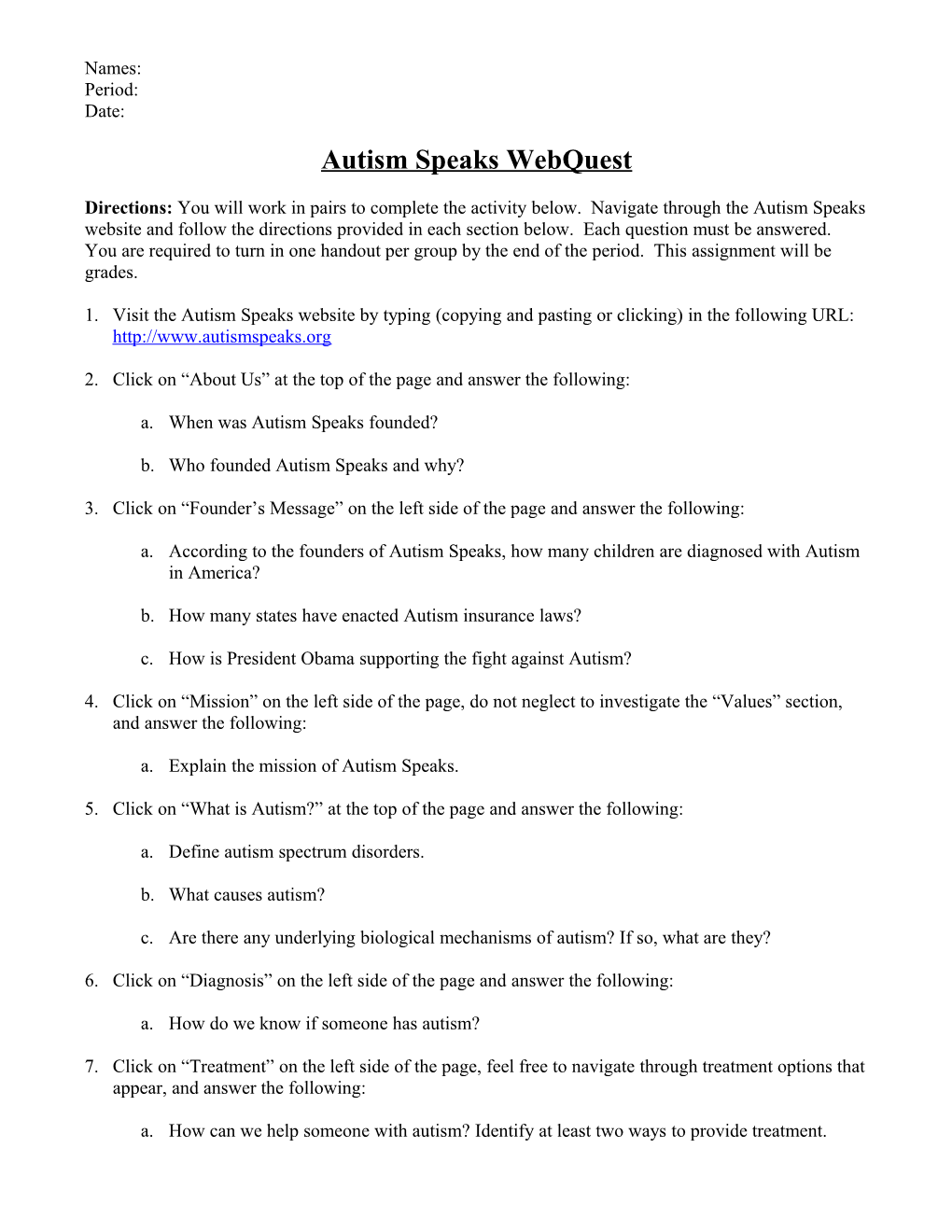 Autism Speaks Webquest