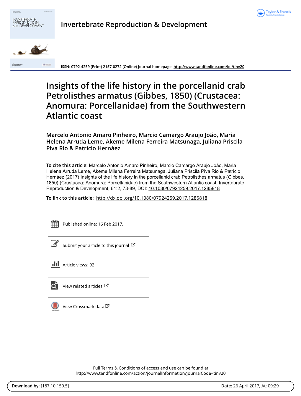 Insights of the Life History in the Porcellanid Crab Petrolisthes Armatus (Gibbes, 1850) (Crustacea: Anomura: Porcellanidae) from the Southwestern Atlantic Coast
