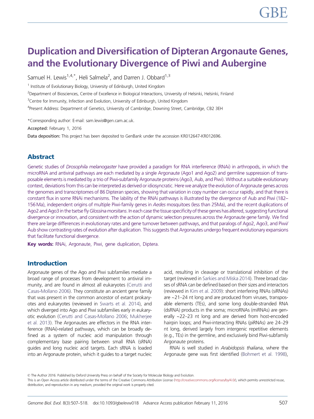 Duplication and Diversification of Dipteran Argonaute Genes, and the Evolutionary Divergence of Piwi and Aubergine