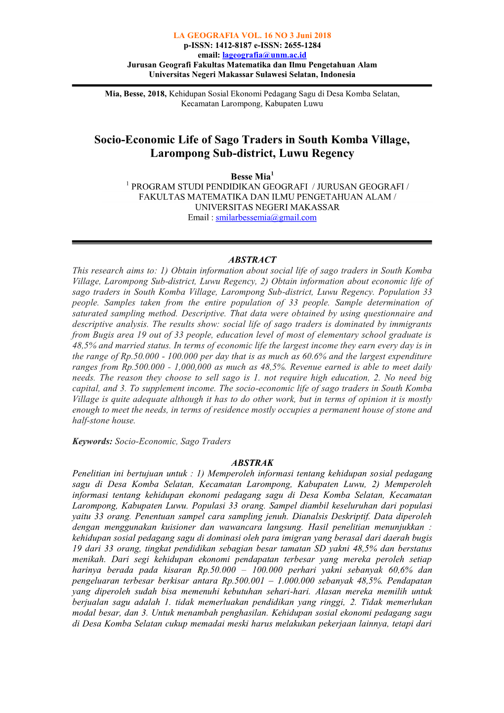 Socio-Economic Life of Sago Traders in South Komba Village, Larompong Sub-District, Luwu Regency