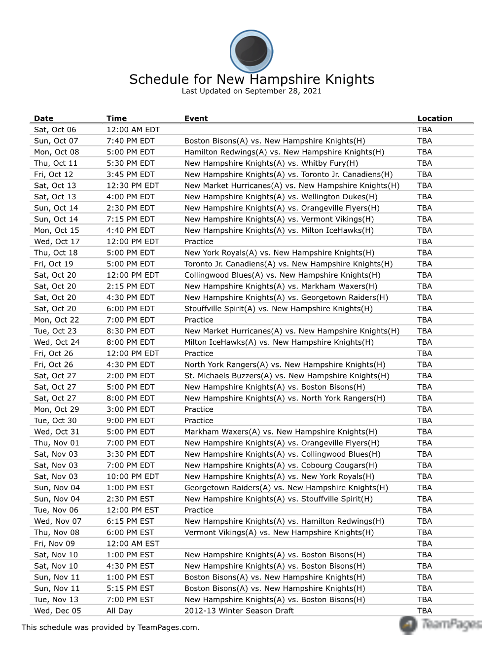 Schedule for New Hampshire Knights Last Updated on September 28, 2021