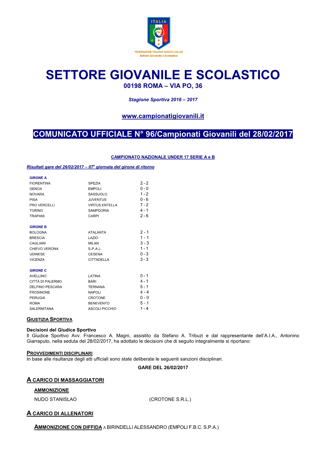 Settore Giovanile E Scolastico 00198 Roma – Via Po, 36