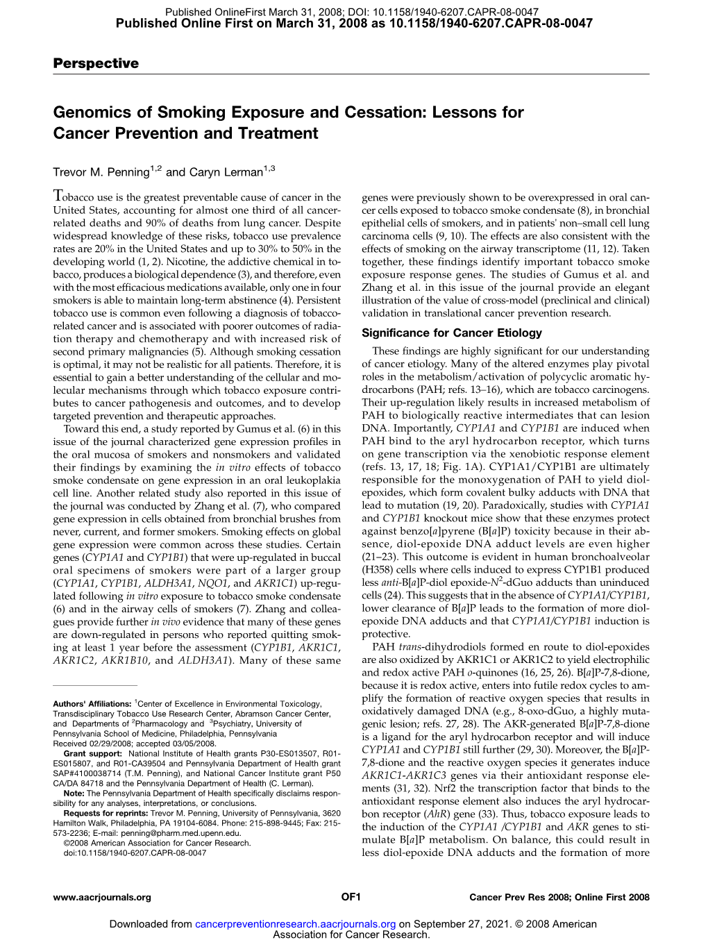 Genomics of Smoking Exposure and Cessation: Lessons for Cancer Prevention and Treatment