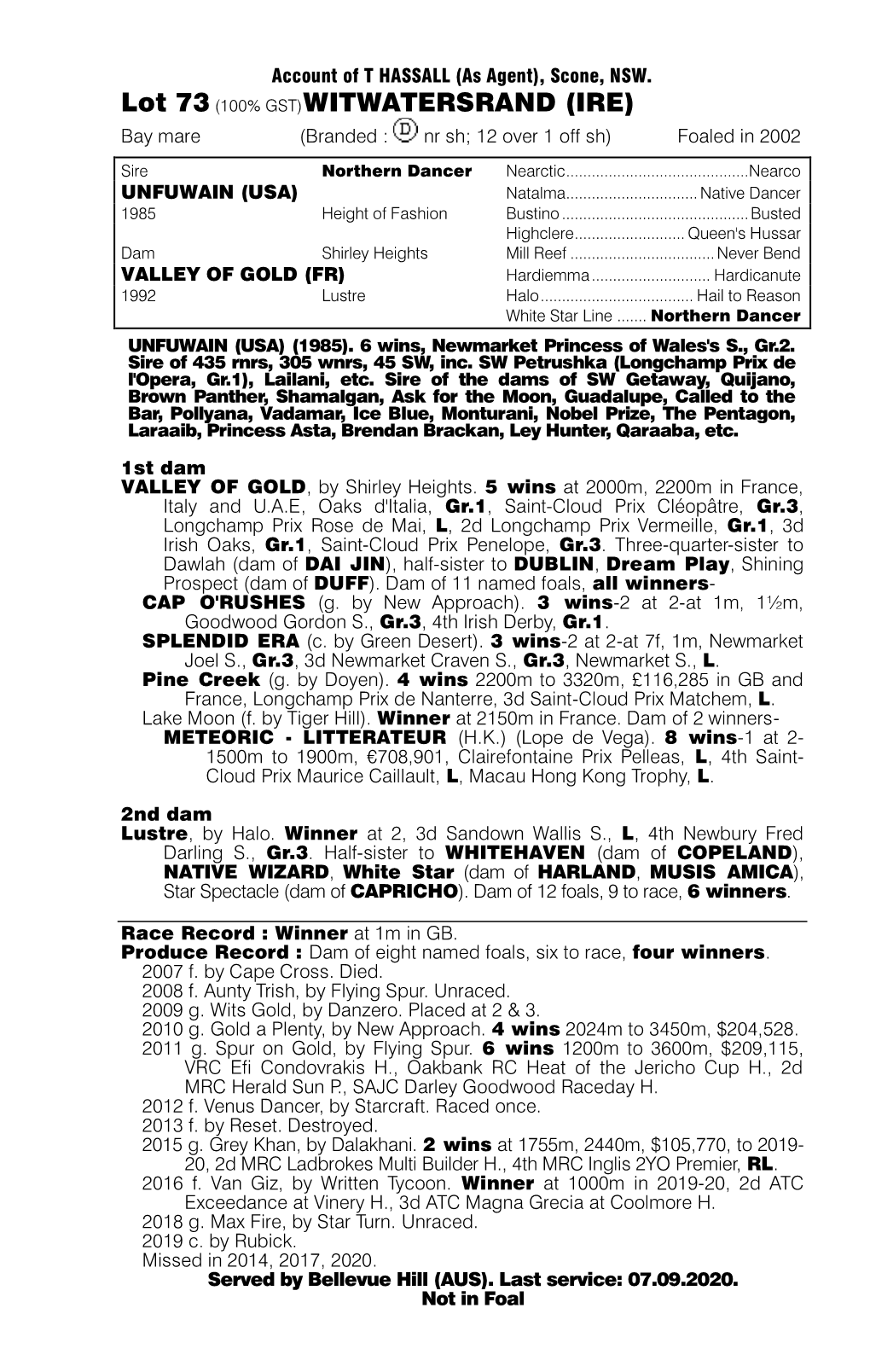 Lot 73 (100% GST)WITWATERSRAND (IRE) Bay Mare (Branded : Nr Sh; 12 Over 1 Off Sh) Foaled in 2002