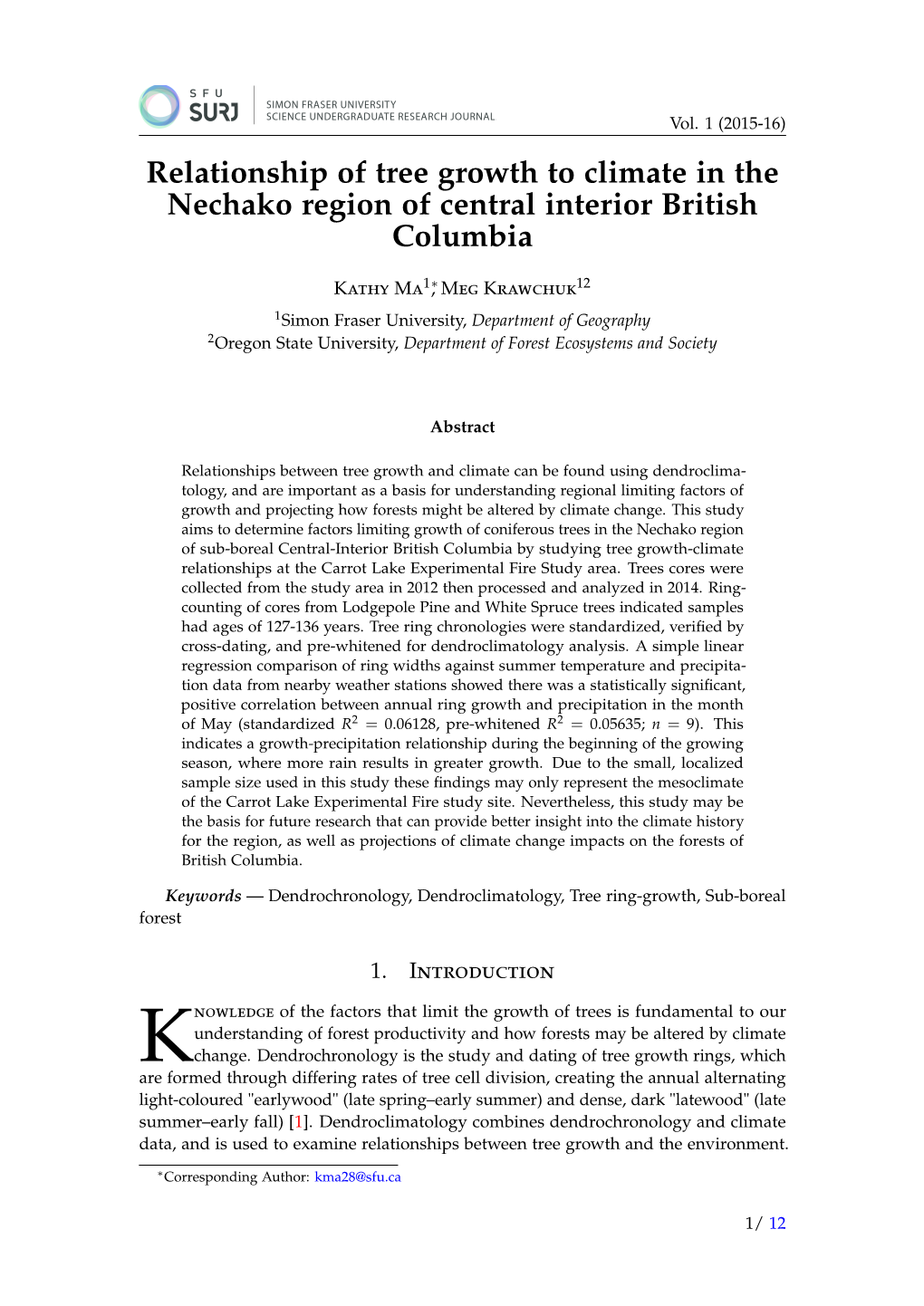 Relationship of Tree Growth to Climate in the Nechako Region of Central Interior British Columbia