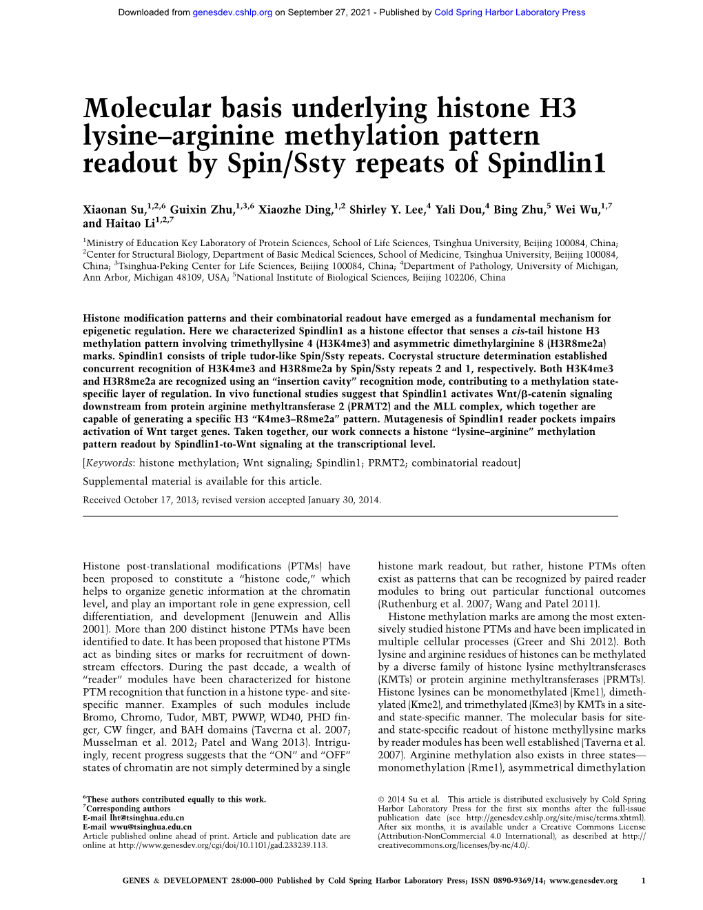 Molecular Basis Underlying Histone H3 Lysine–Arginine Methylation Pattern Readout by Spin/Ssty Repeats of Spindlin1