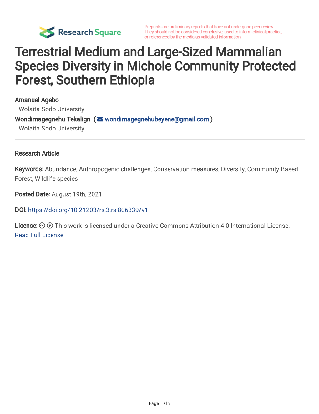 Terrestrial Medium and Large-Sized Mammalian Species Diversity in Michole Community Protected Forest, Southern Ethiopia