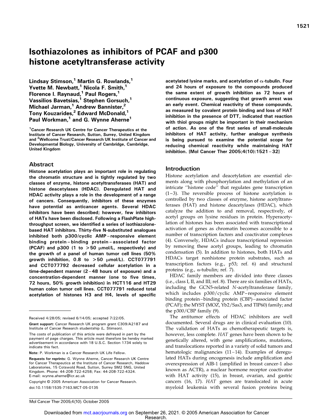 Isothiazolones As Inhibitors of PCAF and P300 Histone Acetyltransferase Activity