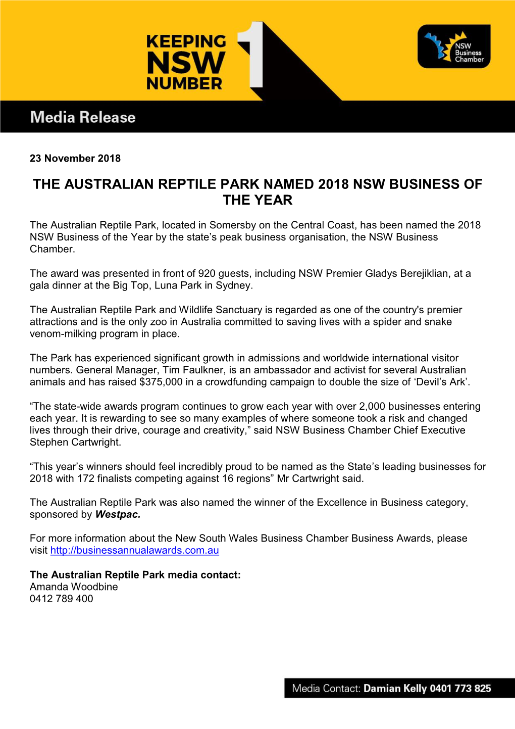 The Australian Reptile Park Named 2018 Nsw Business of the Year