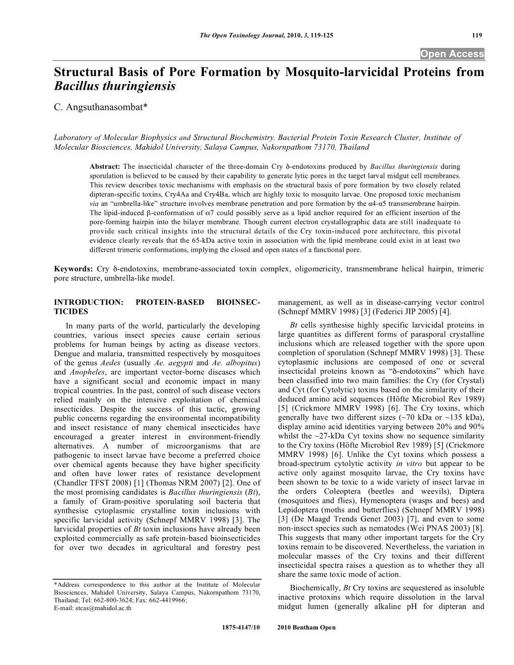 Structural Basis of Pore Formation by Mosquito-Larvicidal Proteins from Bacillus Thuringiensis C