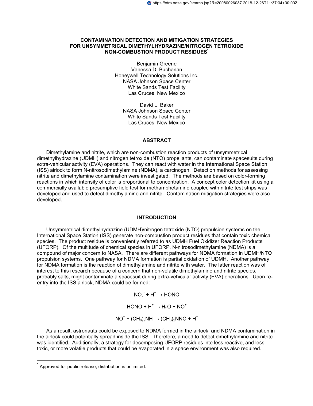 Contamination Detection and Mitigation Strategies for Unsymmetrical Dimethylhydrazine/Nitrogen Tetroxide Non-Combustion Product Residues*