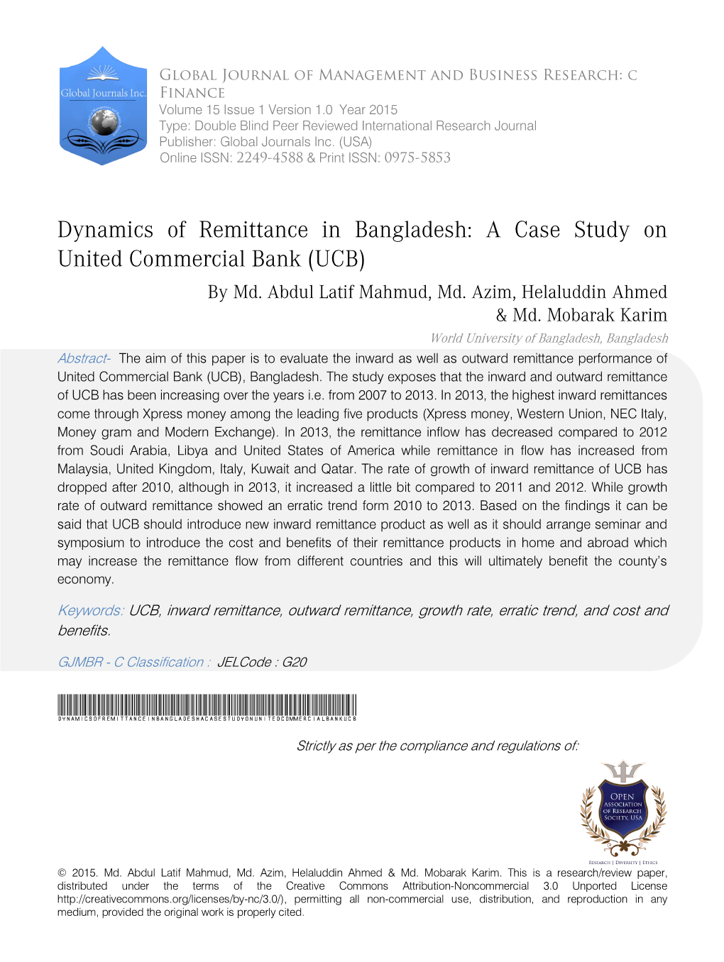 Dynamics of Remittance in Bangladesh: a Case Study on United Commercial Bank (UCB) by Md