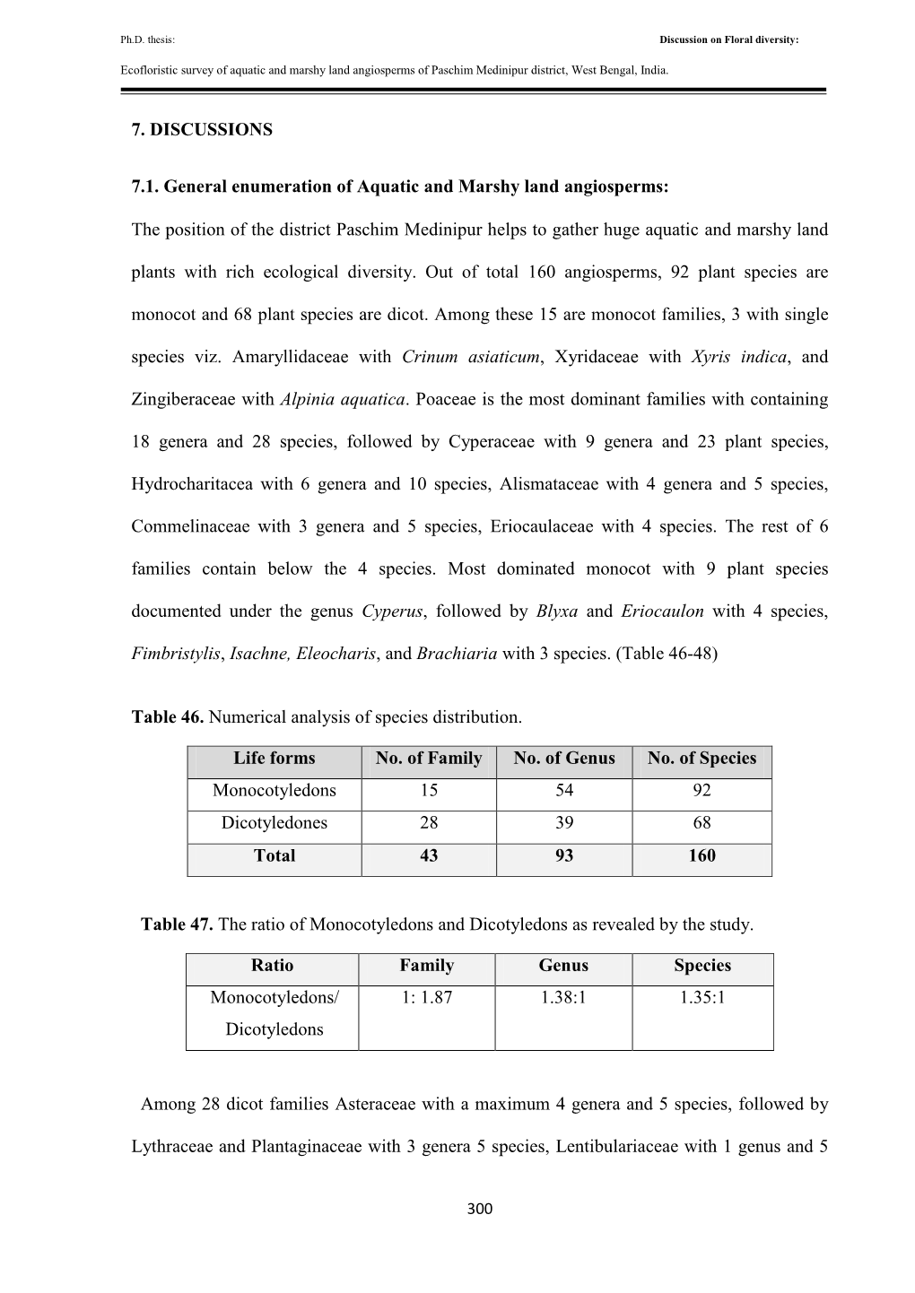 7. DISCUSSIONS 7.1. General Enumeration of Aquatic and Marshy