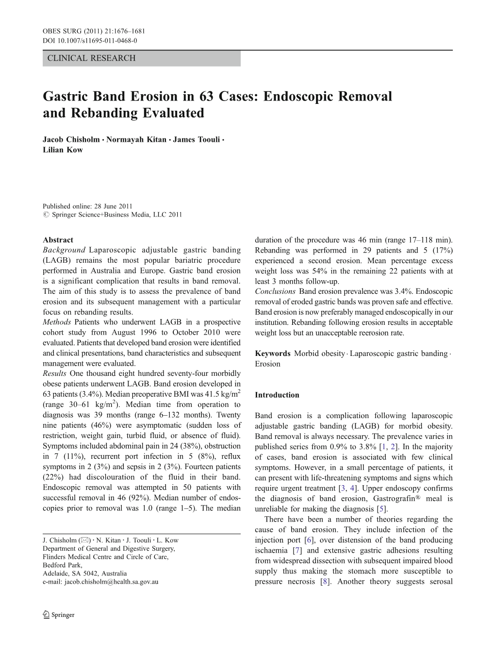 Gastric Band Erosion in 63 Cases: Endoscopic Removal and Rebanding Evaluated