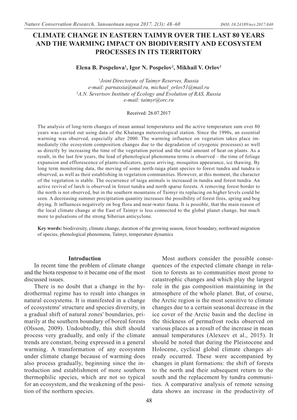 Climate Change in Eastern Taimyr Over the Last 80 Years and the Warming Impact on Biodiversity and Ecosystem Processes in Its Territory