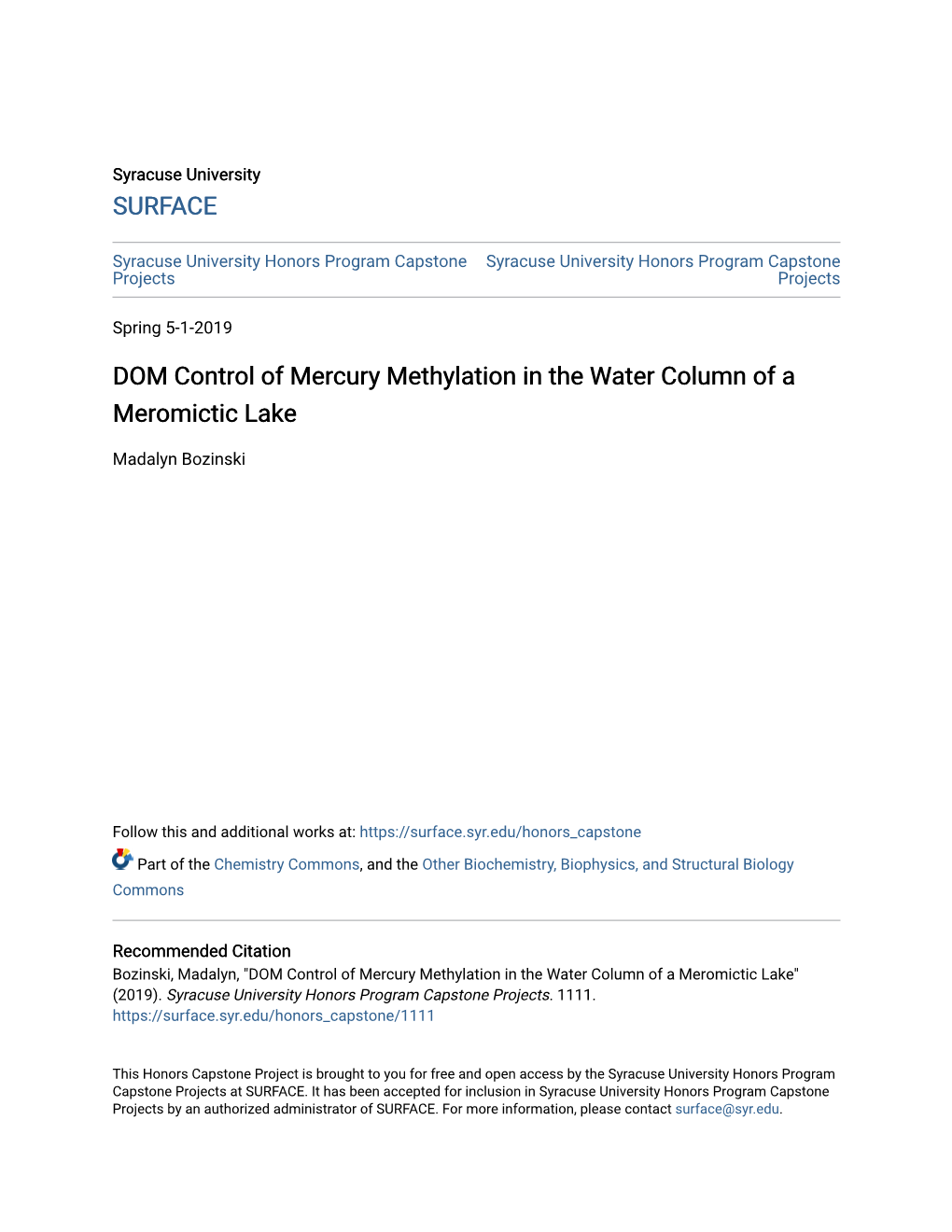DOM Control of Mercury Methylation in the Water Column of a Meromictic Lake