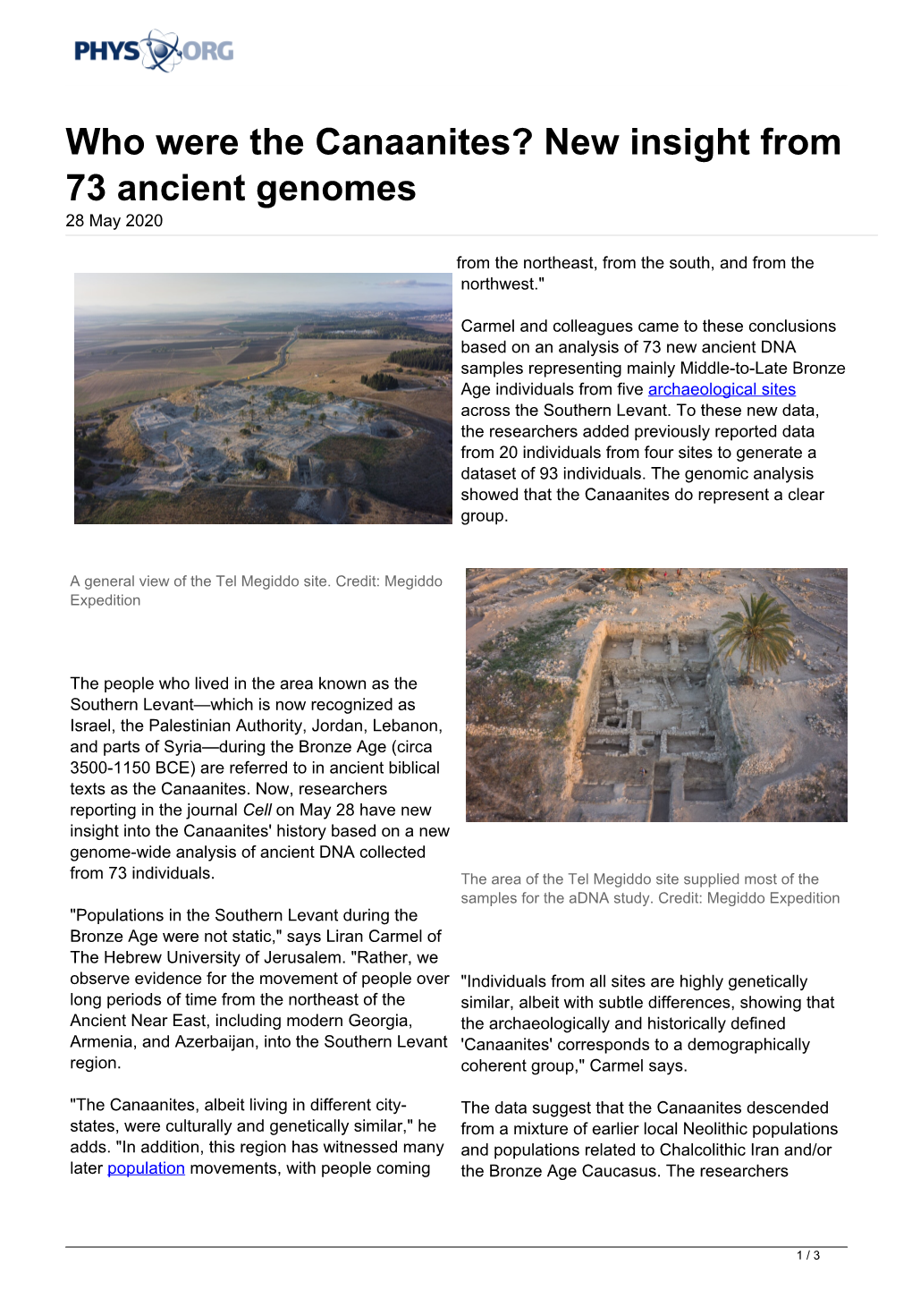 Who Were the Canaanites? New Insight from 73 Ancient Genomes 28 May 2020