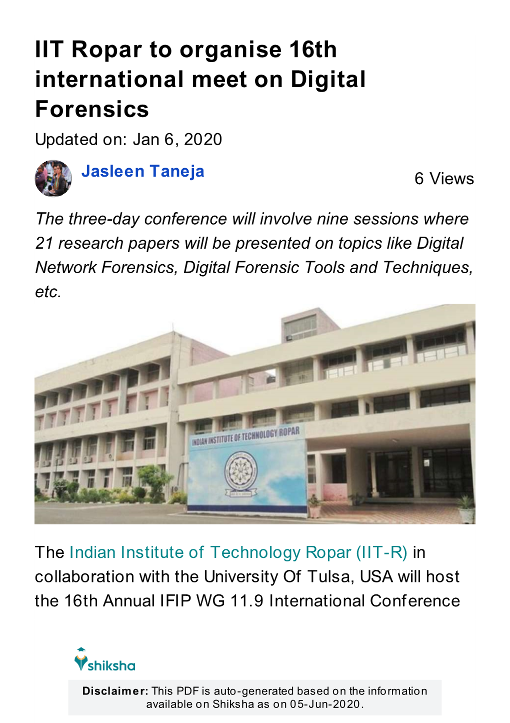 IIT Ropar to Organise 16Th International Meet on Digital Forensics Updated On: Jan 6, 2020