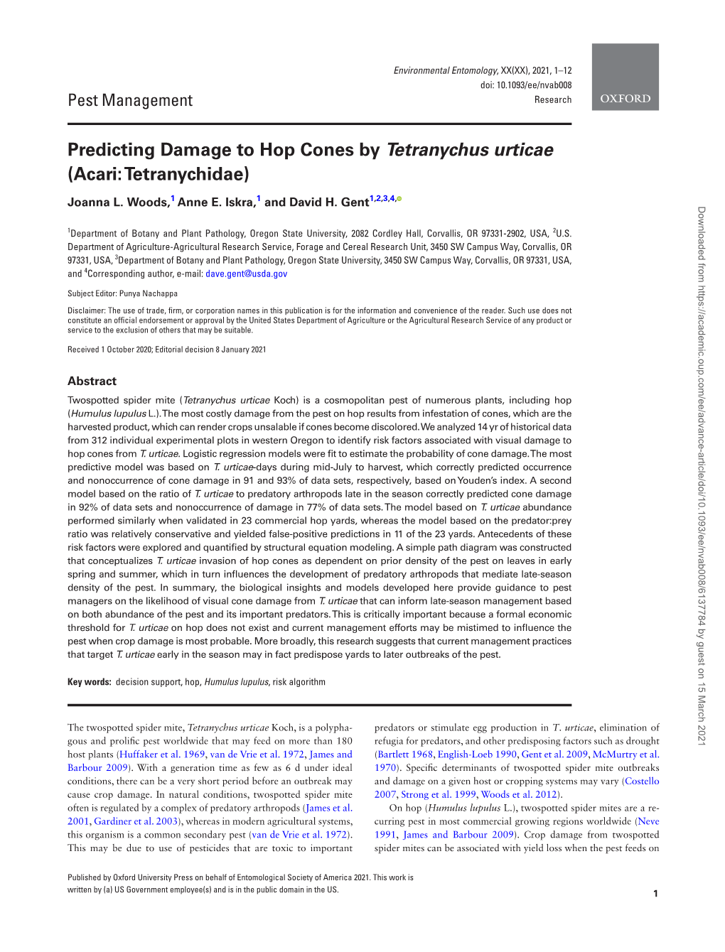 Predicting Damage to Hop Cones by Tetranychus Urticae (Acari: Tetranychidae)