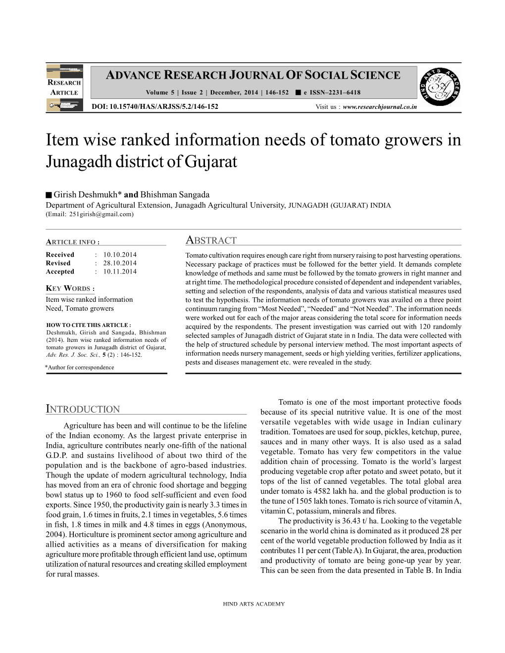 Item Wise Ranked Information Needs of Tomato Growers in Junagadh District of Gujarat