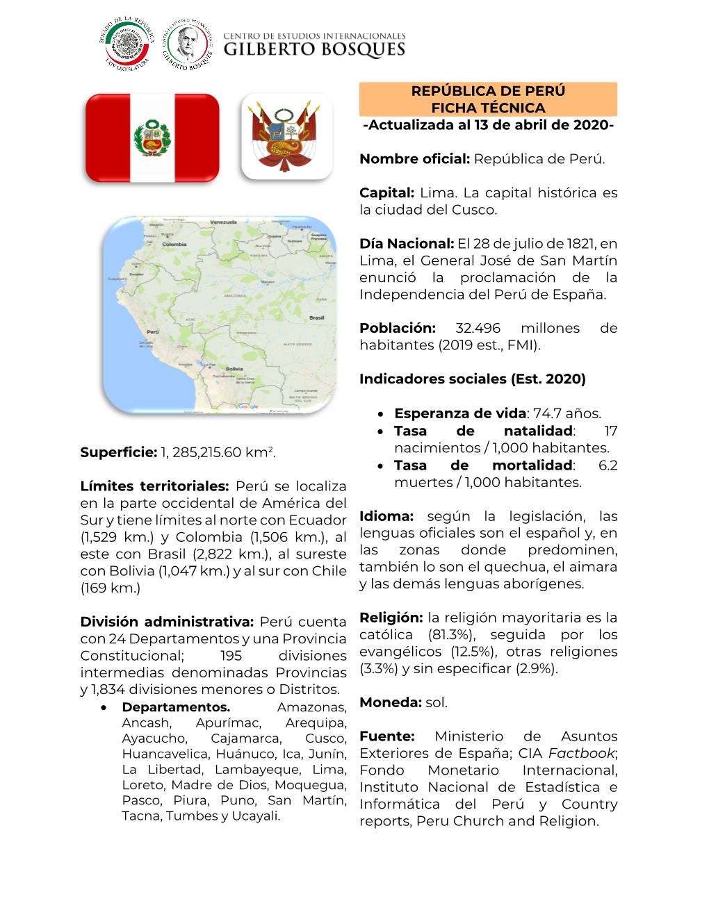 REPÚBLICA DE PERÚ FICHA TÉCNICA -Actualizada Al 13 De Abril De 2020