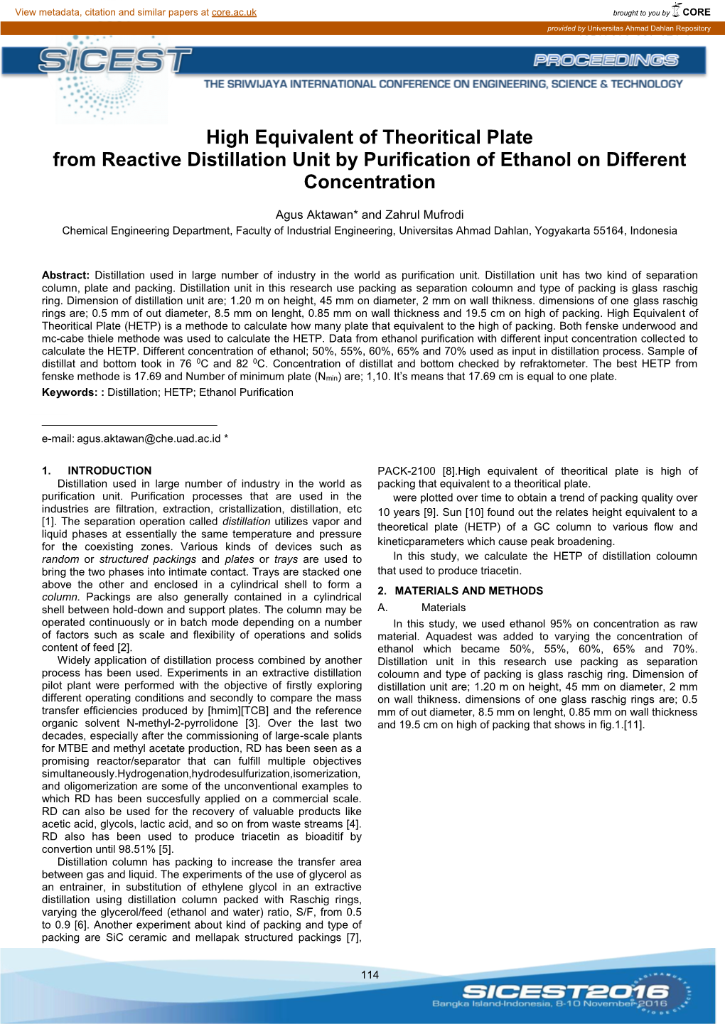 High Equivalent of Theoritical Plate from Reactive Distillation Unit by Purification of Ethanol on Different Concentration