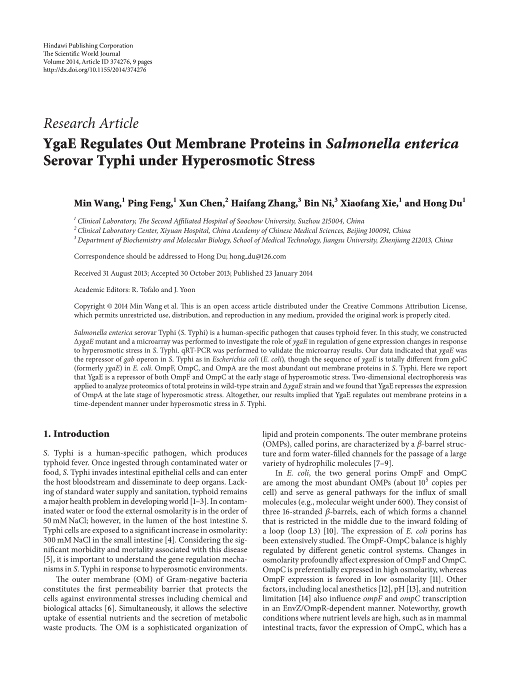 Research Article Ygae Regulates out Membrane Proteins in Salmonella Enterica Serovar Typhi Under Hyperosmotic Stress