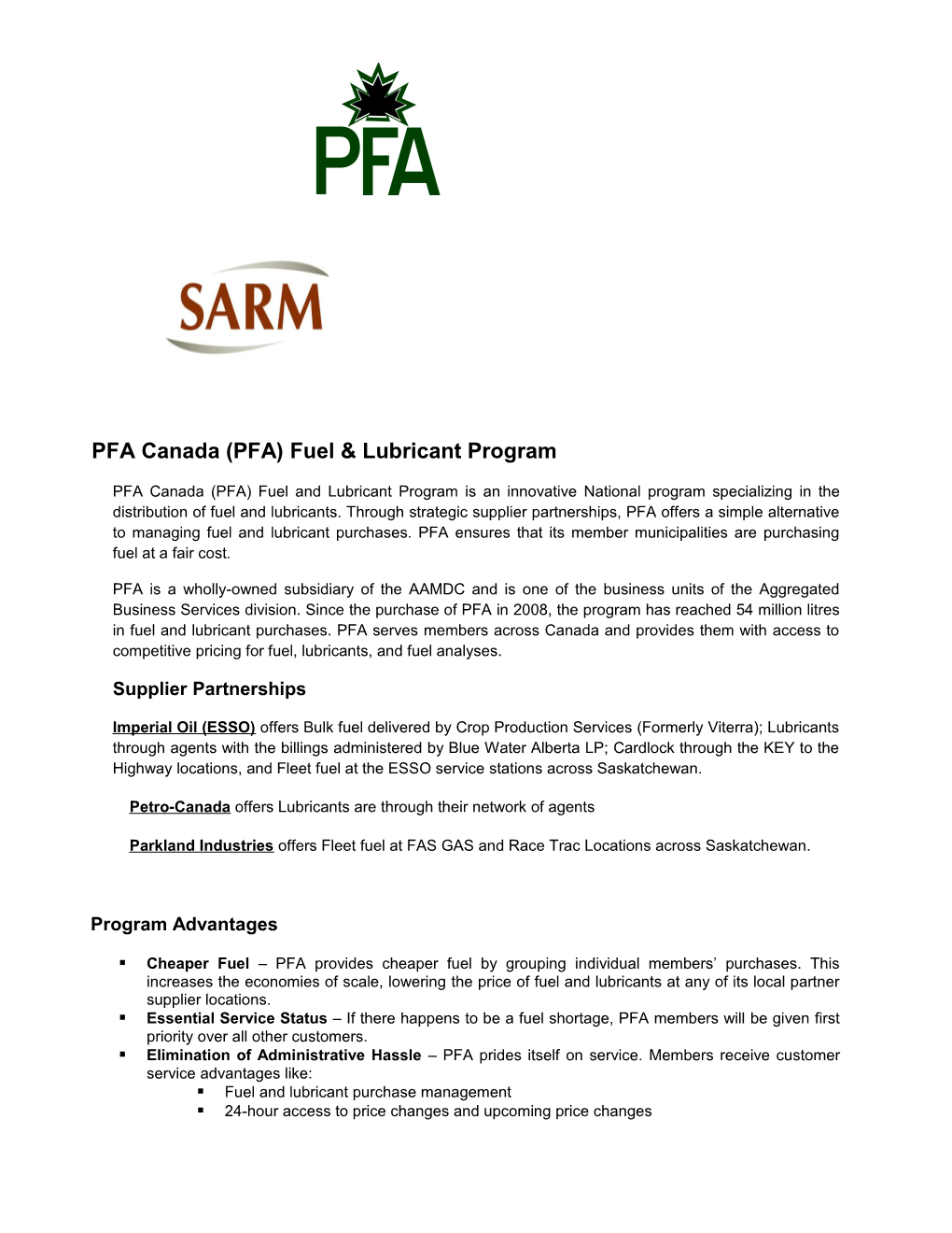 PFA Canada (PFA) Fuel & Lubricant Program