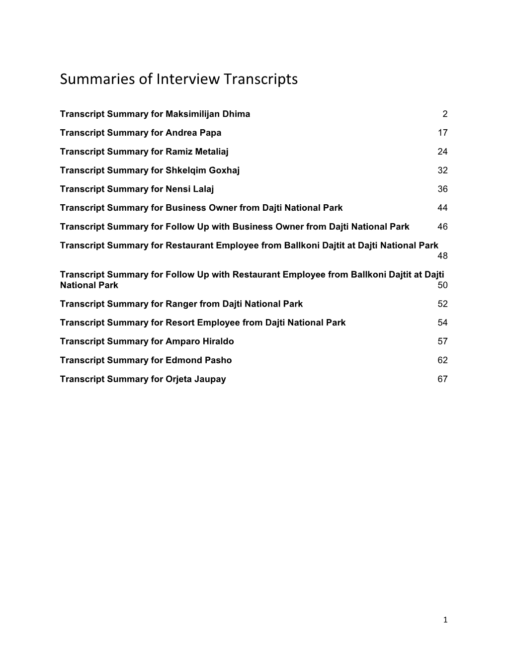 Summaries of Interview Transcripts