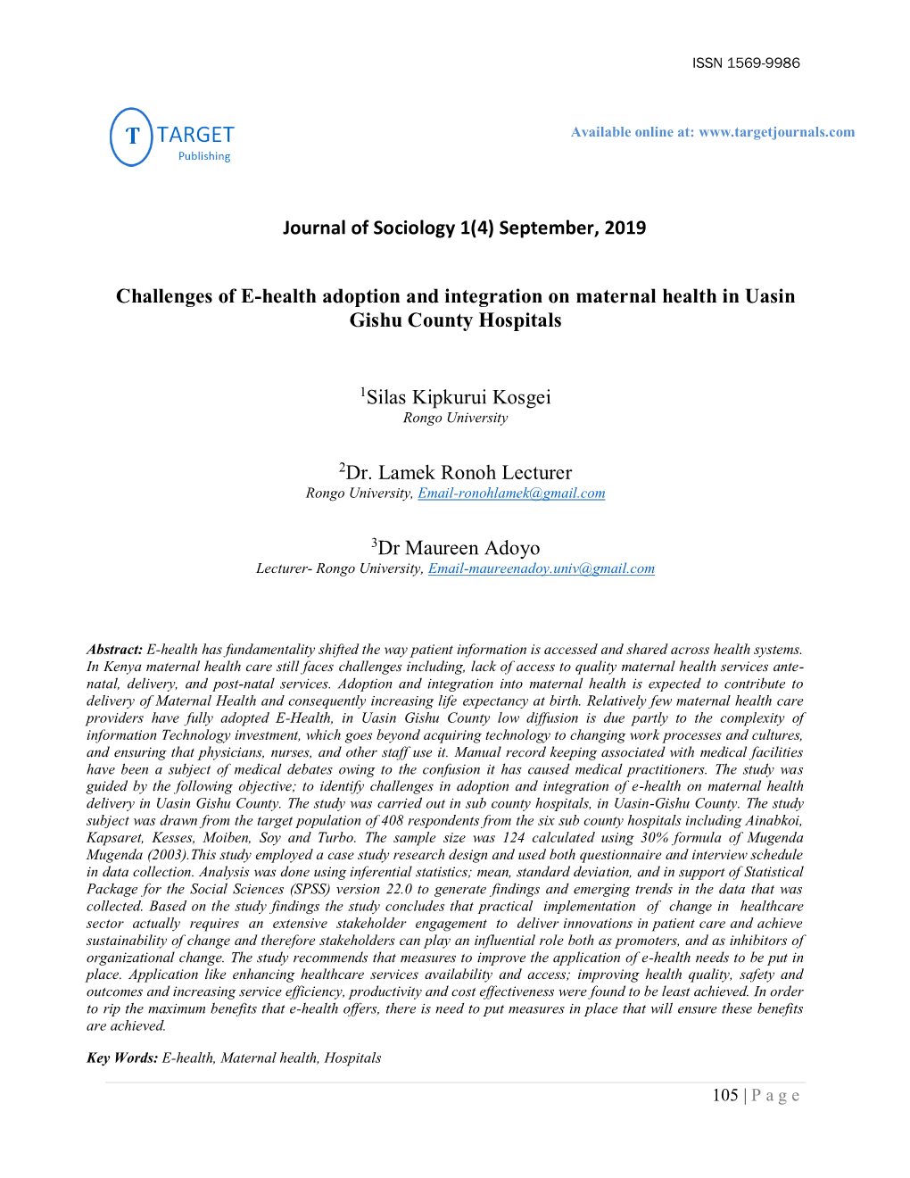 Challenges of E-Health Adoption and Integration on Maternal Health in Uasin Gishu County Hospitals