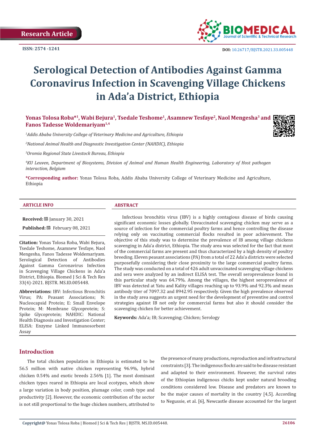 Serological Detection of Antibodies Against Gamma Coronavirus Infection in Scavenging Village Chickens in Ada’A District, Ethiopia