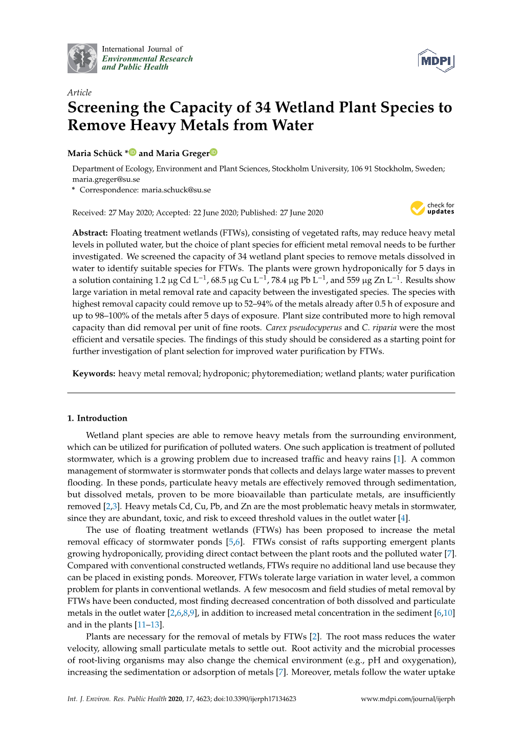 Screening the Capacity of 34 Wetland Plant Species to Remove Heavy Metals from Water