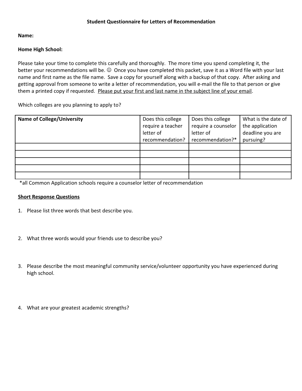 Student Questionnaire for Letters of Recommendation