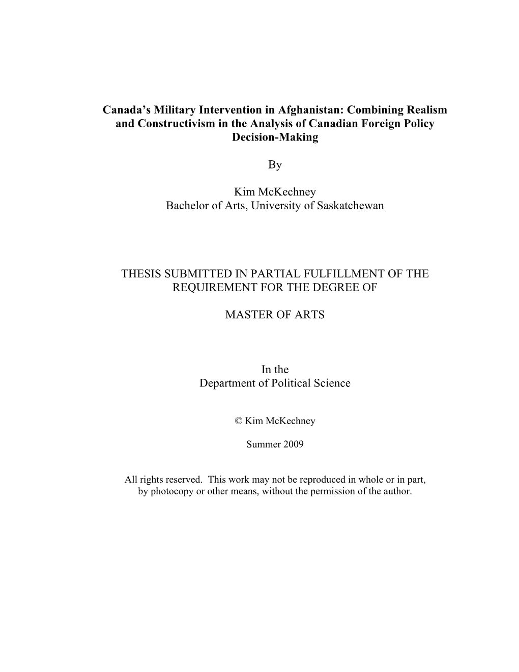 Canada's Military Intervention in Afghanistan: Combining Realism