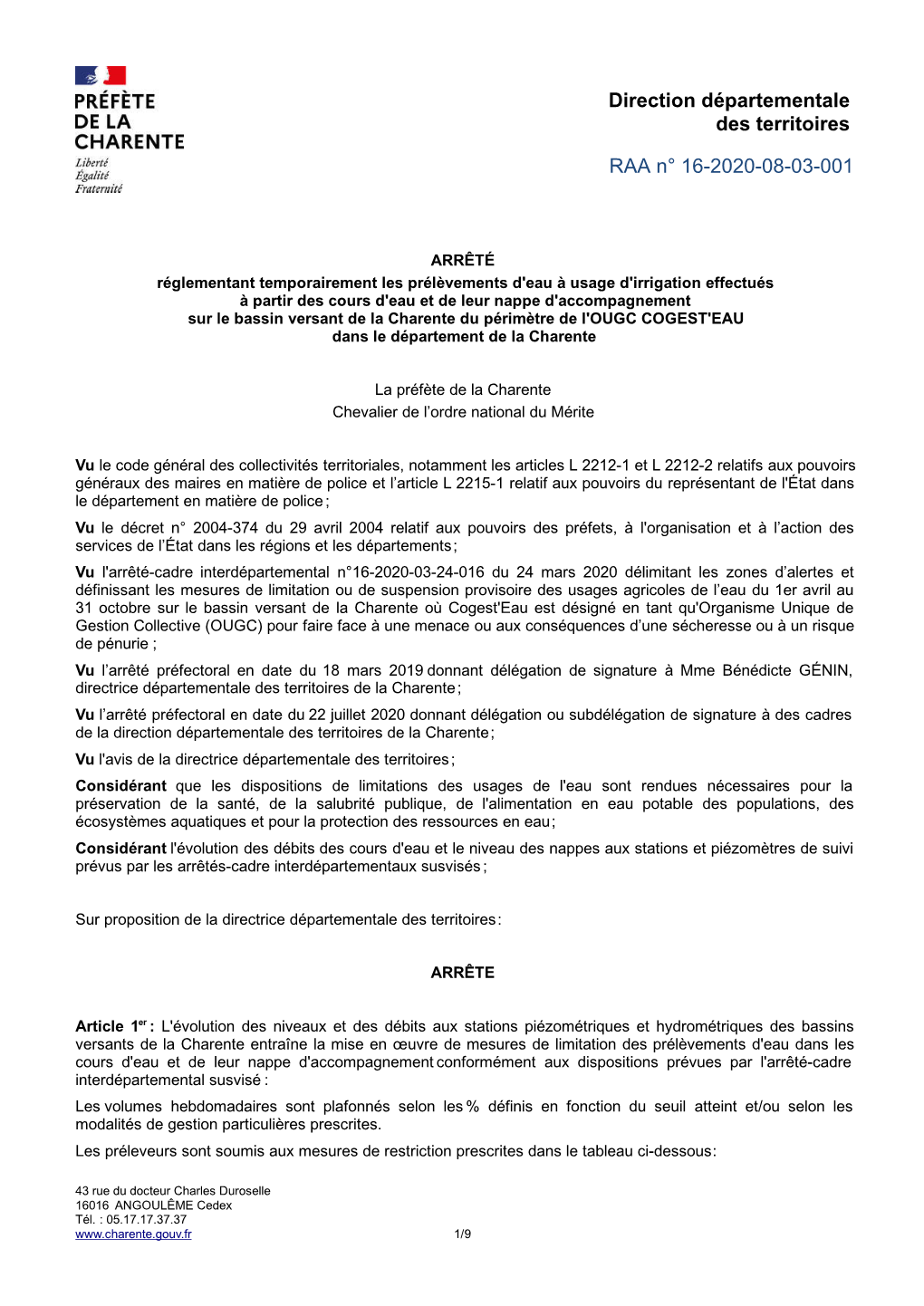 Direction Départementale Des Territoires RAA N° 16-2020-08-03-001