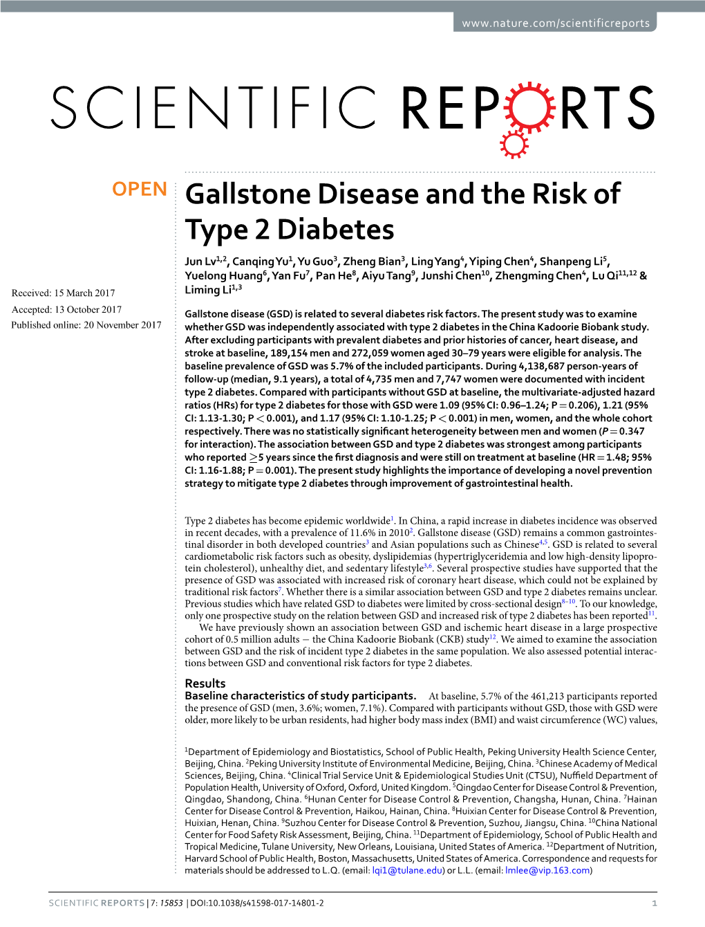 Gallstone Disease and the Risk of Type 2 Diabetes