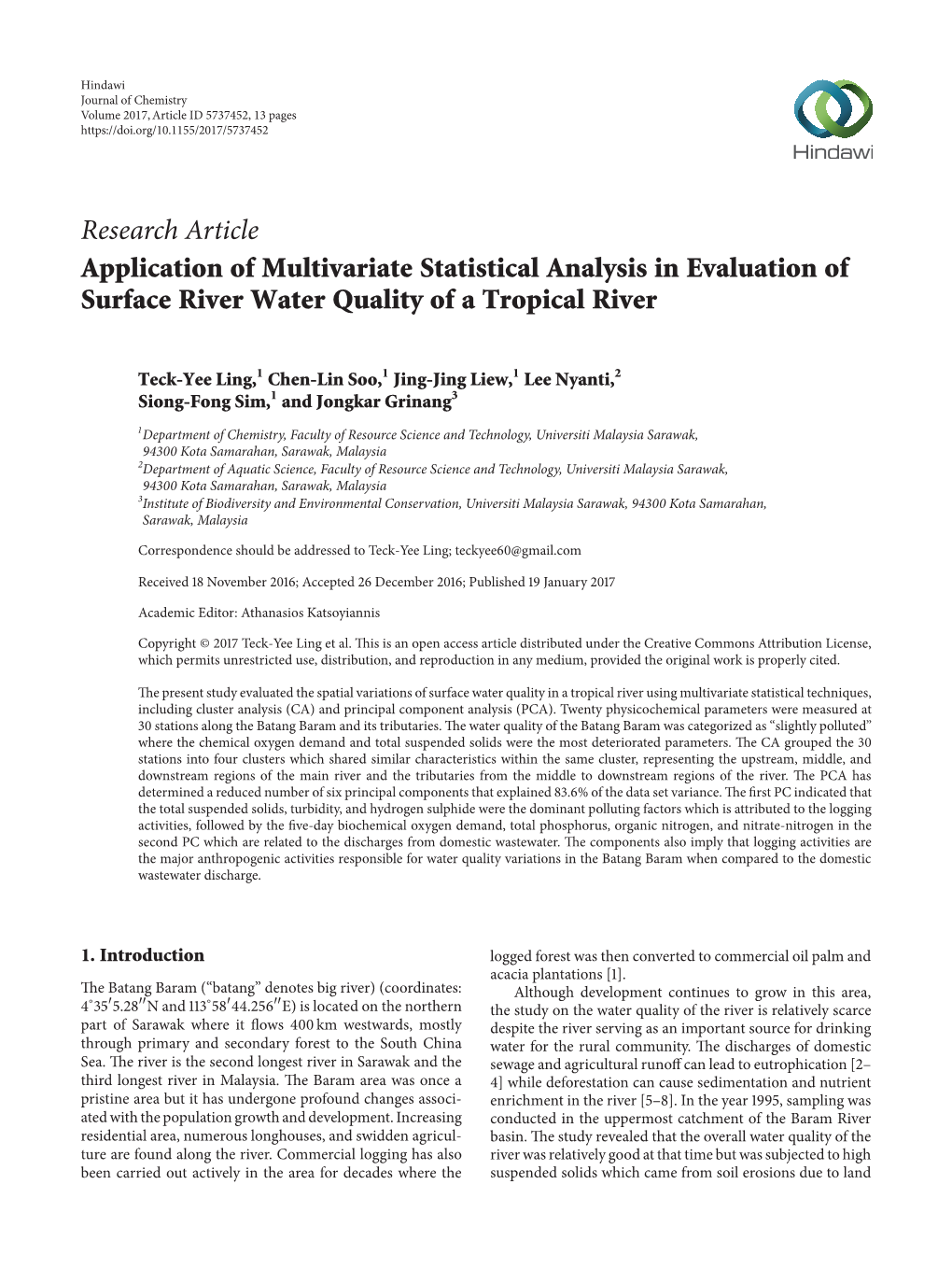Application of Multivariate Statistical Analysis in Evaluation of Surface River Water Quality of a Tropical River