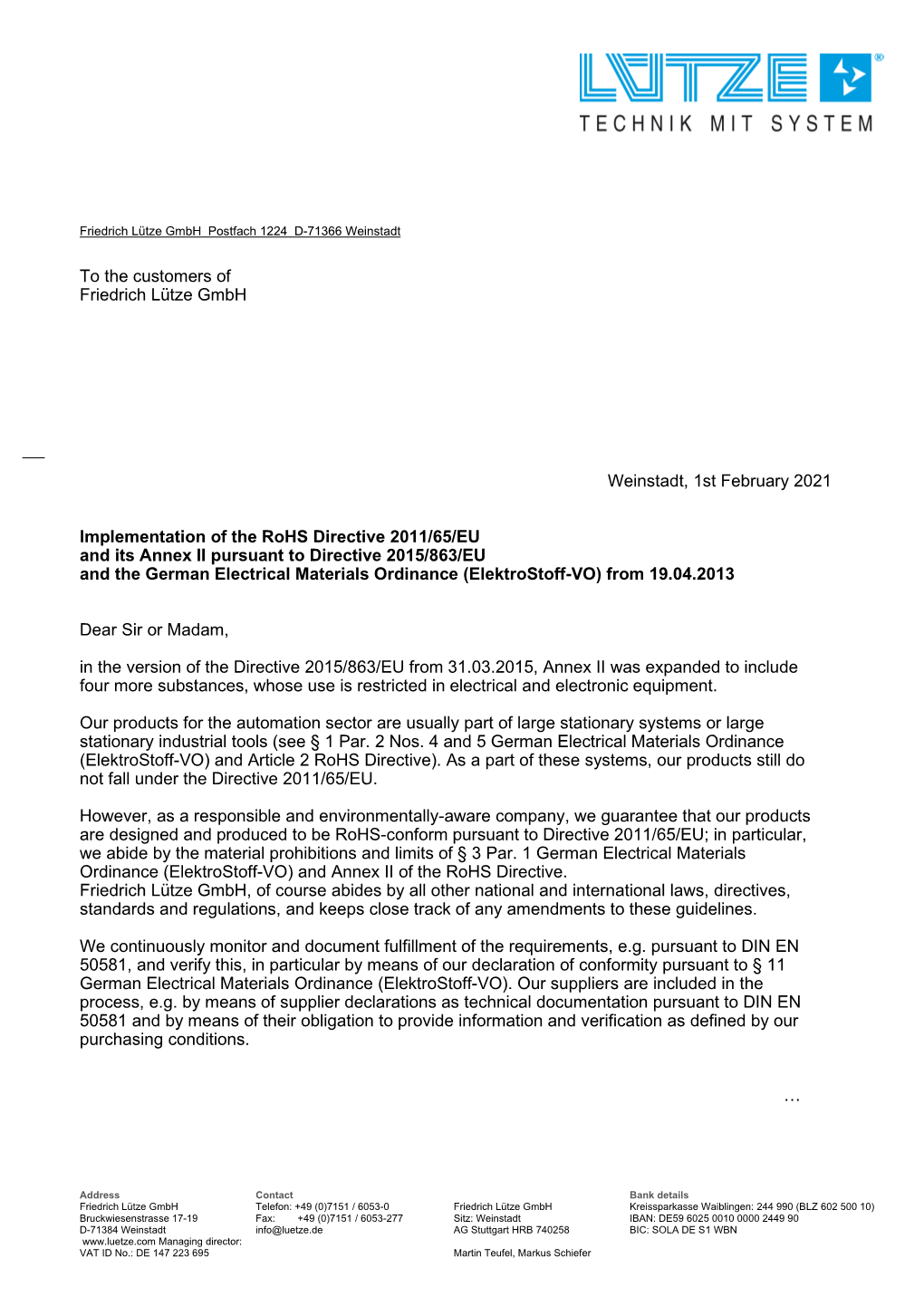 To the Customers of Friedrich Lütze Gmbh Weinstadt, 1St February 2021 Implementation of the Rohs Directive 2011/65/EU and Its A