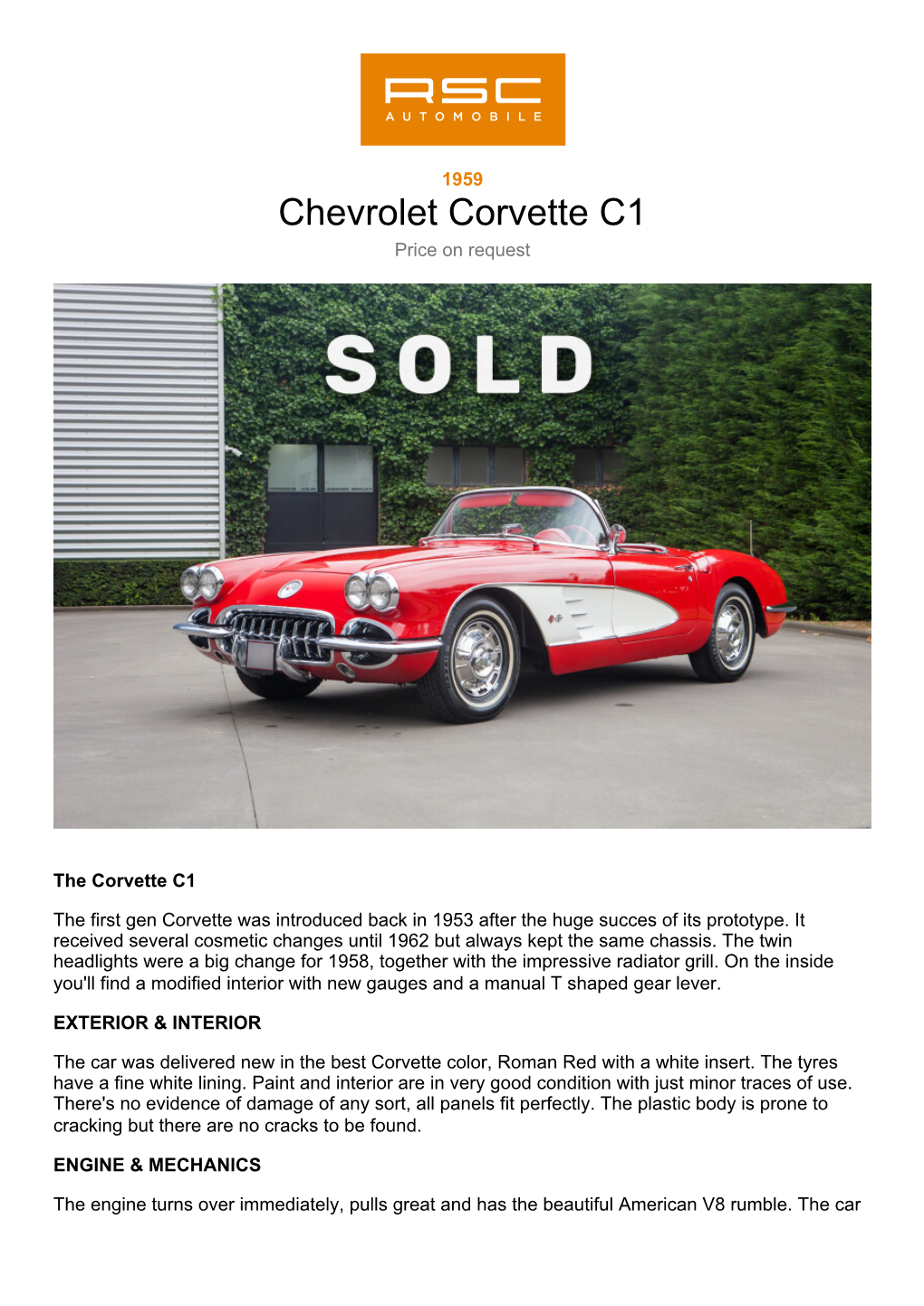 Chevrolet Corvette C1 Price on Request