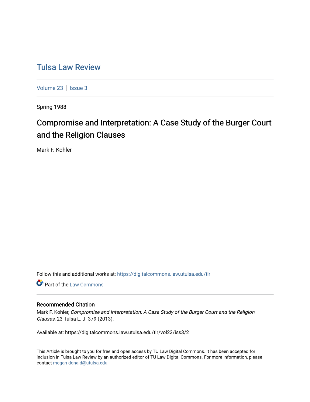 Compromise and Interpretation: a Case Study of the Burger Court and the Religion Clauses