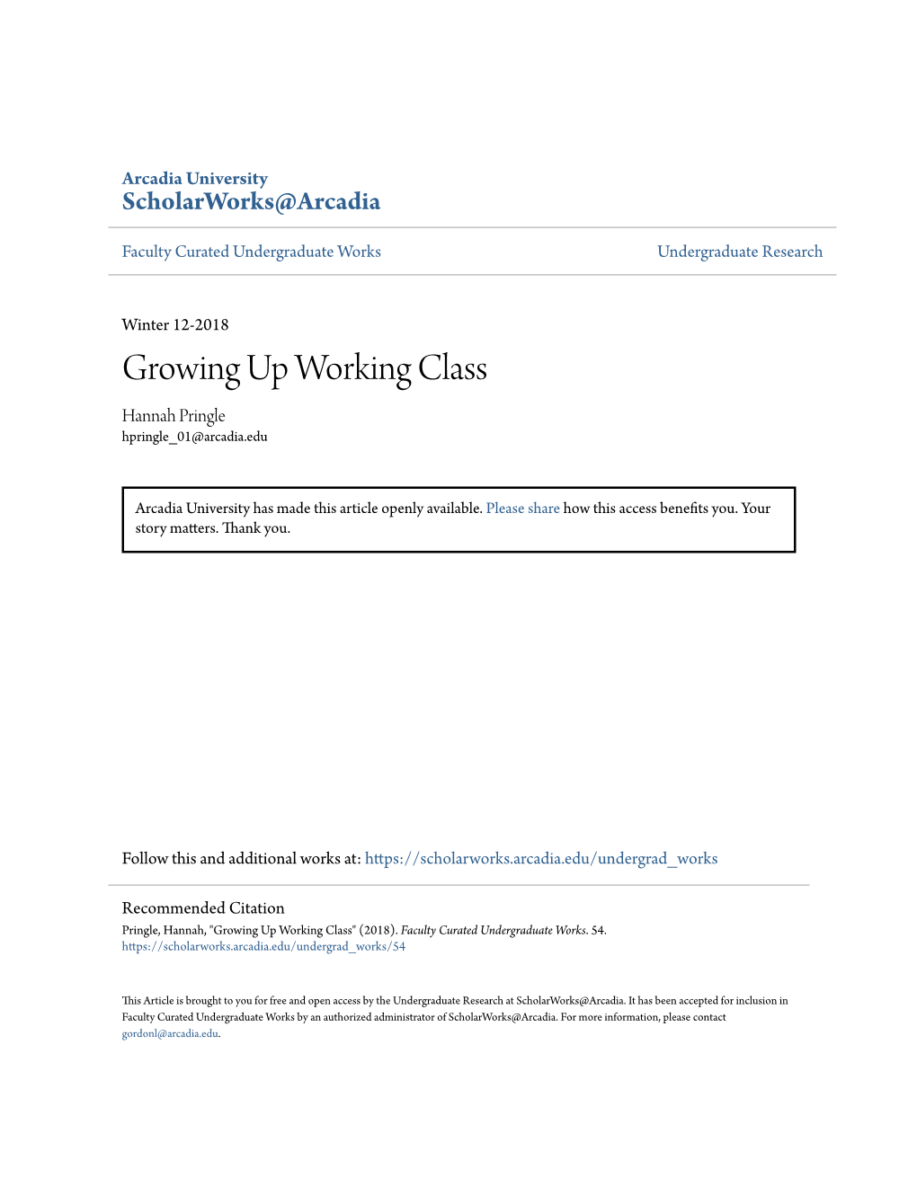 Growing up Working Class Hannah Pringle Hpringle 01@Arcadia.Edu