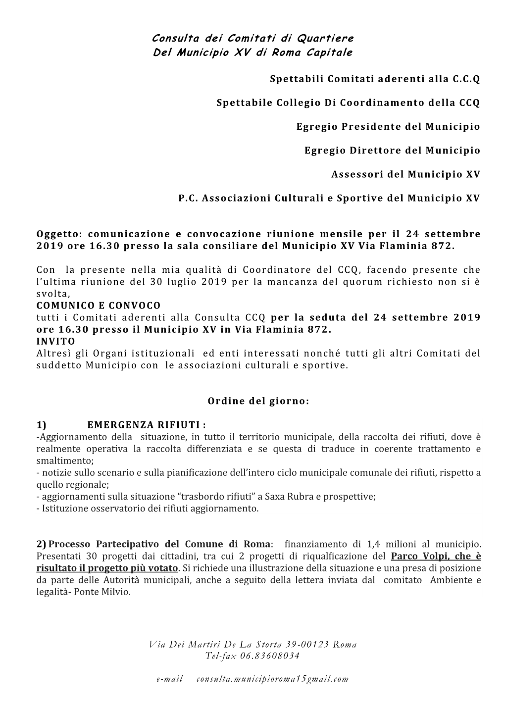 Consulta Dei Comitati Di Quartiere Del Municipio XV Di Roma Capitale Via