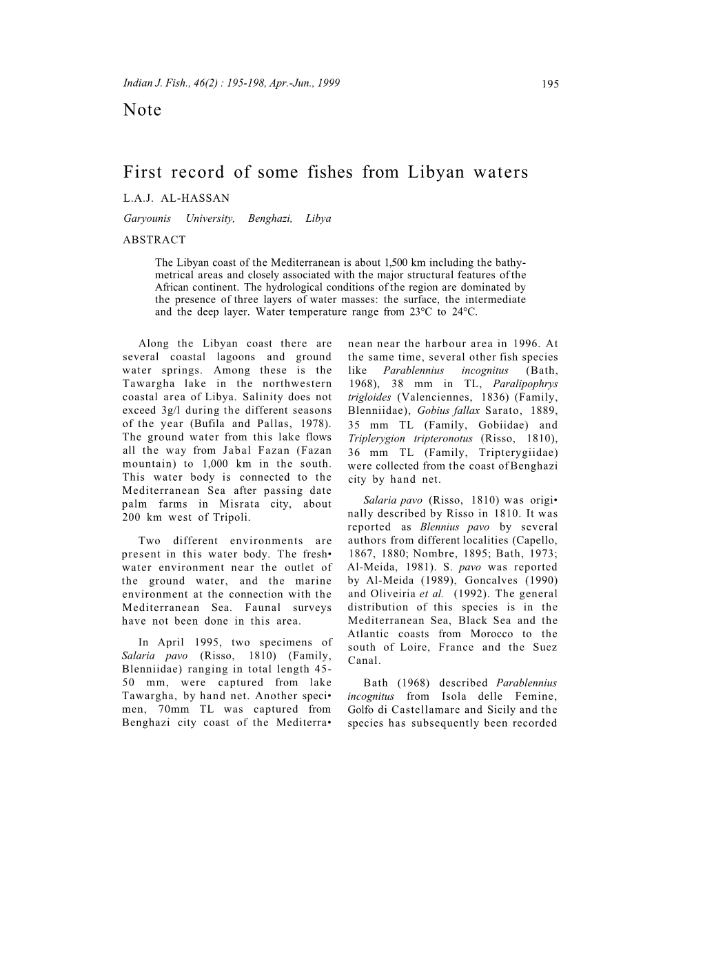 Note First Record of Some Fishes from Libyan Waters