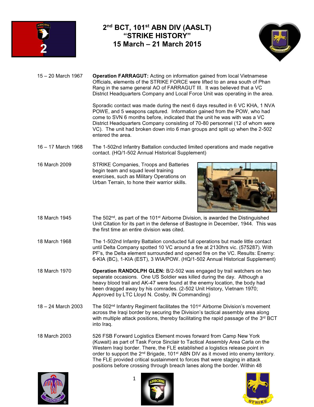 2Nd BCT, 101St ABN DIV (AASLT) “STRIKE HISTORY” 15 March – 21 March 2015