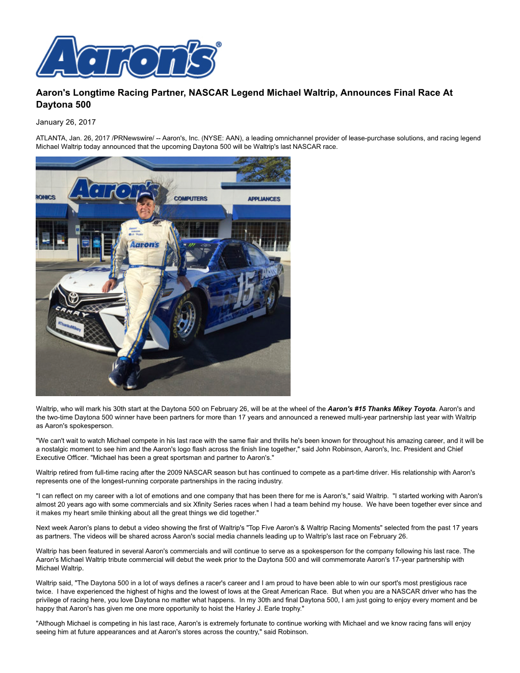 Aaron's Longtime Racing Partner, NASCAR Legend Michael Waltrip, Announces Final Race at Daytona 500