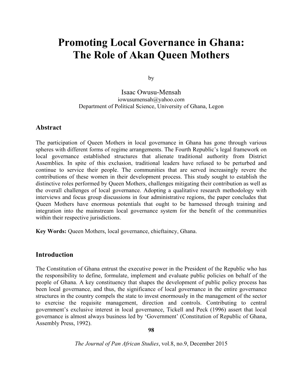 Promoting Local Governance in Ghana: the Role of Akan Queen Mothers