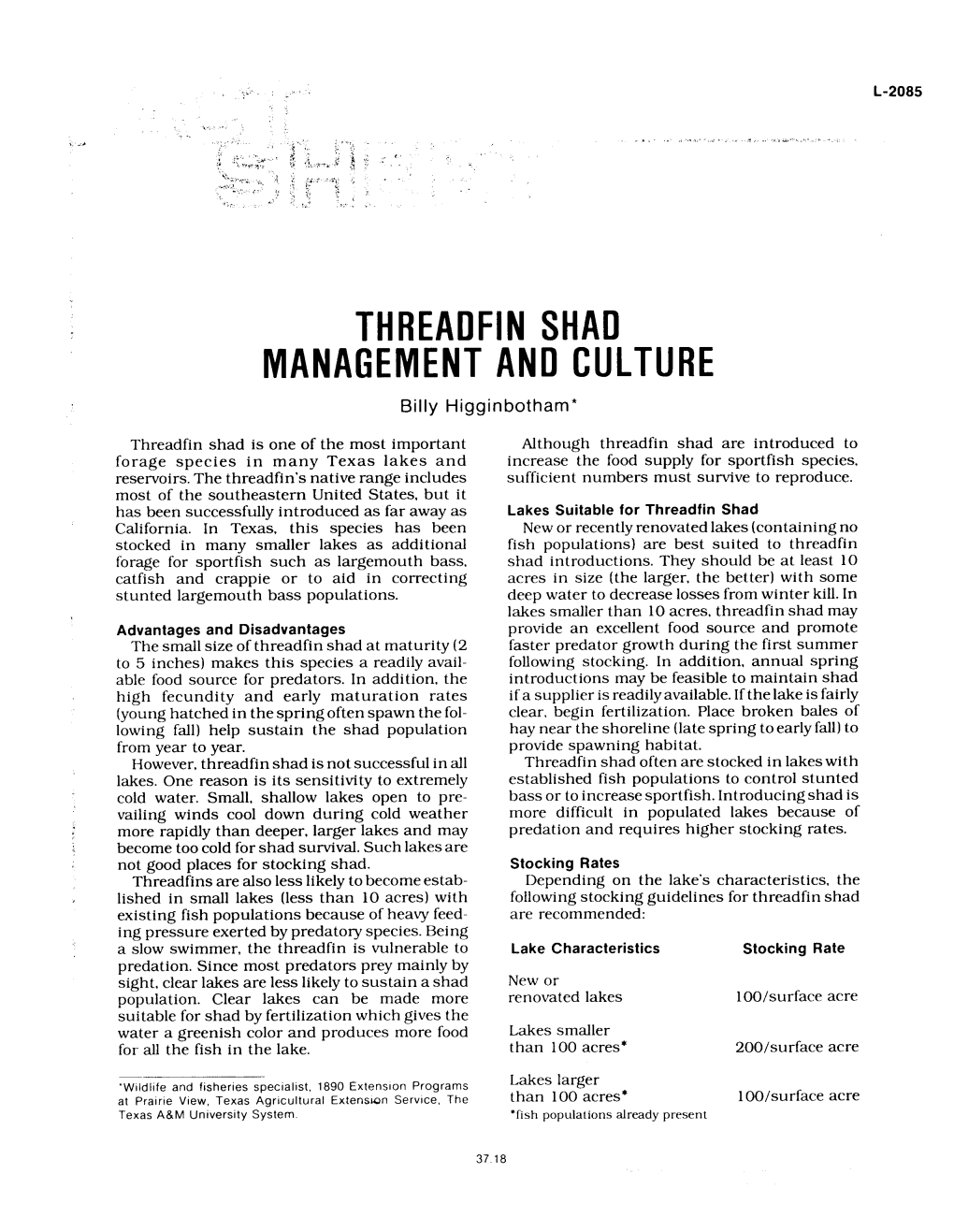 Threadfin Shad Management and Culture