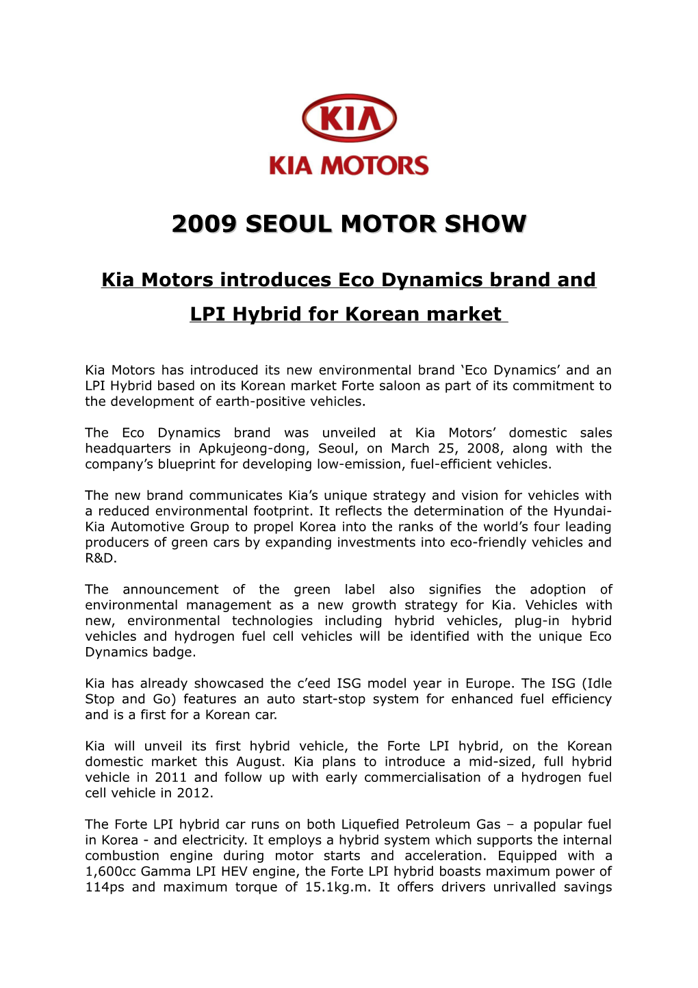 Kia Motors Introduces Eco Dynamics Brand and LPI Hybrid for Korean Market