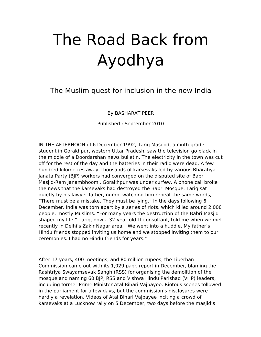 The Road Back from Ayodhya