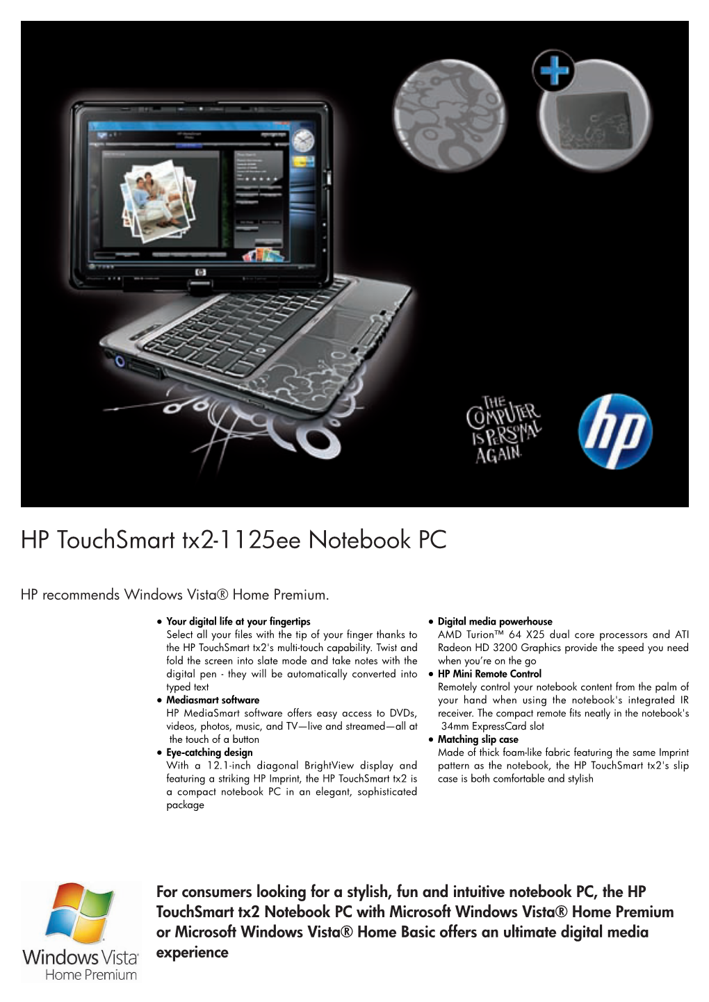 HP Touchsmart Tx2-1125Ee Notebook Datasheet